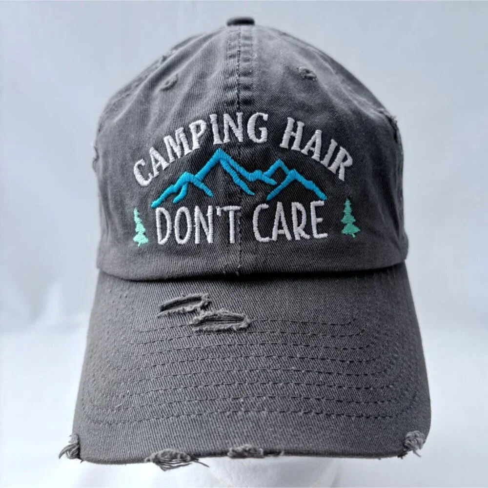 Embroidered Camping‎ Hair Don't Care Gray Distressed Strapback Baseball Cap Hat